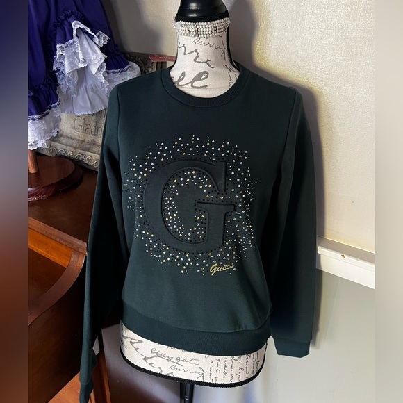 💚 Guess Dark Jade Bling Gold Pullover Fleece Crew Sweatshirt Size S NWT - Picture 1 of 5